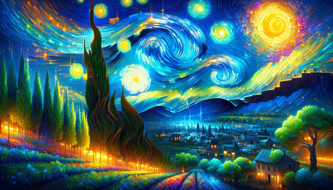 The image captures the essence of blending historical art with cutting-edge artificial intelligence, showcasing the vibrant neon colors and digital textures that symbolize the bridge between the past and the future of creative expression.