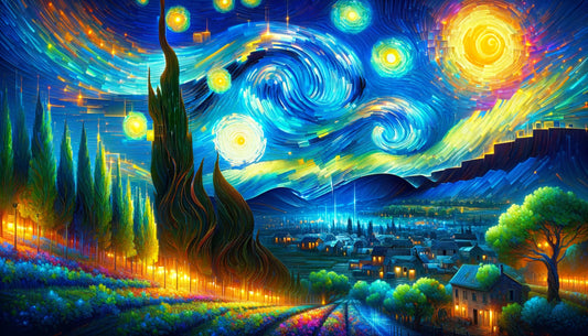 The image captures the essence of blending historical art with cutting-edge artificial intelligence, showcasing the vibrant neon colors and digital textures that symbolize the bridge between the past and the future of creative expression.
