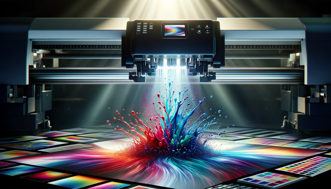 The background subtly showcases an array of printing materials, illuminated by the soft glow of the printer, symbolizing the transformation from digital to physical art.