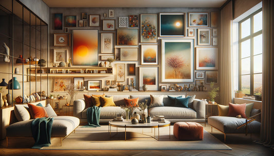 The room showcases a large, vibrant statement piece above the sofa and a gallery wall on the opposite side, with floating shelves displaying smaller art pieces. 