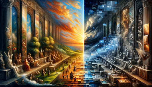 This visual metaphor captures the essence of merging historical art techniques with modern AI technology, showcasing how the past and future can coexist and enrich the artistic landscape.