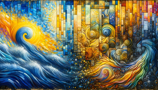 This image captures the essence of bridging historical artistic struggles with contemporary healing technologies, exploring the unseen colors of mental health in the art world.
