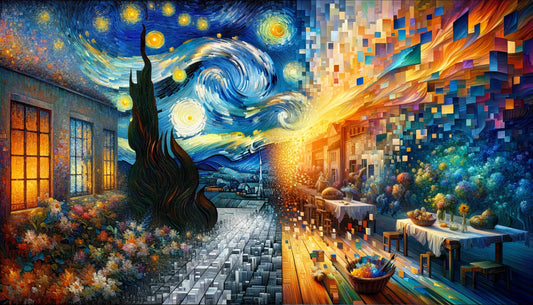 This visual metaphor elegantly represents the marriage of Van Gogh's timeless techniques with the innovative potential of AI in art, symbolizing the harmonious fusion of the past and future in artistic creation.