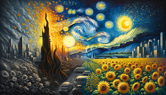 This visual juxtaposition emphasizes the blend of timeless art with urgent contemporary topics, capturing the essence of reimagining Van Gogh’s vision to address the challenges of today's world.