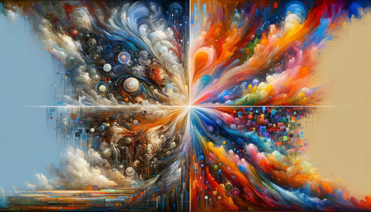 This fusion symbolizes the collaborative potential of AI in art, capturing the essence of innovation and boundless creativity that AI brings to the traditional art world, illustrating a beautiful synergy between the past and future of artistic expression.